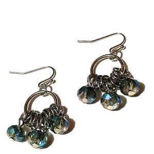 VINTAGE SILVER-TONE IRIDESCENT BLUE GREEN CRYSTAL DANGLE HOOK 1.3" EARRINGS
